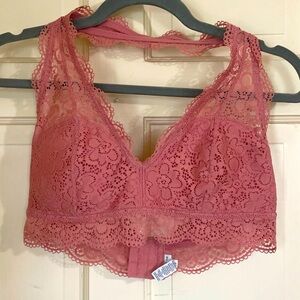 Aerie Women's Size L Pink Lace Wire Free Removable Pad Halter Bralette
